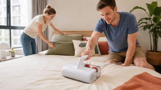 White handheld dust mite vacuum used on a bed in a bright modern Singapore bedroom with practical family-friendly styling.