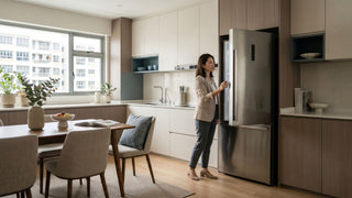Woman checking fridge door clearance in a modern Singapore HDB kitchen before buying a refrigerator.