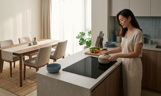 Woman cooking on a built-in induction hob in a modern Singapore kitchen with dining area