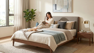 Woman reading on a wooden bed frame with layered pillows and a neutral mattress in a bright Singapore bedroom