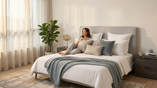 Woman relaxing on a modern bed with supportive pillows in a bright Singapore bedroom