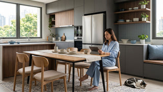 Woman using a tablet beside a large refrigerator in a modern Singapore kitchen dining area