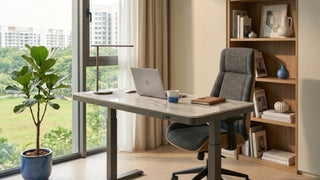 Electric standing desk with ergonomic office chair in a bright Singapore home office beside a large window
