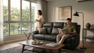 Couple relaxing on a black 3 seater recliner sofa in a bright Singapore living room with coffee table and soft daylight