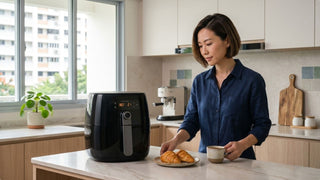 Woman using a black airfryer in a bright Singapore kitchen with pastries, coffee, and clean countertop styling