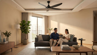 Black ceiling fan in a spacious Singapore living room with grey sofa, coffee table and couple relaxing