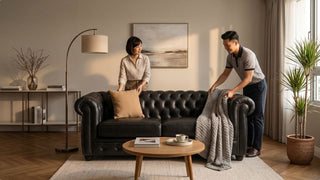 Couple arranging cushions and throw on a black Chesterfield sofa in a stylish Singapore living room with warm natural light
