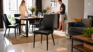 Black dining chairs in a modern Singapore dining and living area styled for practical everyday family use