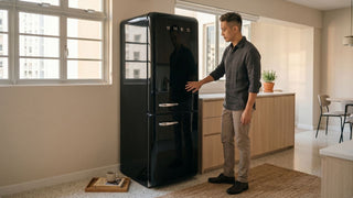 Man inspecting a black fridge in a bright Singapore HDB kitchen before appliance removal and disposal