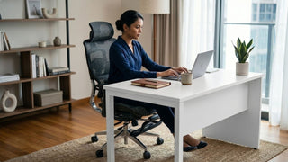 Woman working on a laptop in a black full mesh office chair at a white desk in a bright Singapore home office