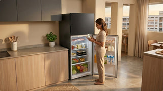 Woman checking groceries inside a black Japanese fridge in a modern Singapore kitchen black-japanese-fridge-singapore-
