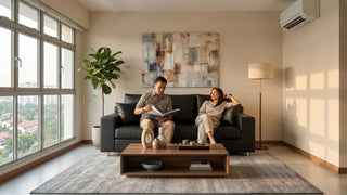 Couple relaxing on a black leather sofa in a Singapore living room with aircon above