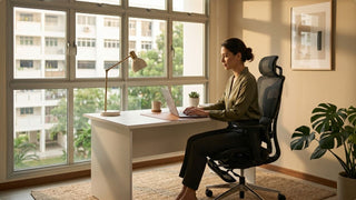 Woman using a black mesh ergo desk chair at a white desk in a bright Singapore HDB home office with warm natural light