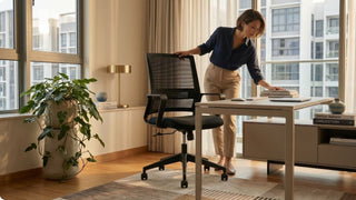 Woman adjusting a black mesh office chair at a desk in a bright condo work-from-home setup