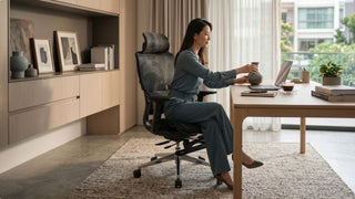 Woman using a black mesh office chair at a wooden desk in a modern Singapore home office with balcony views