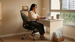 Woman using a laptop in a black mesh office chair beside a bright window