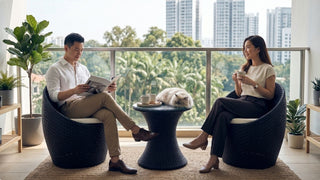 Couple relaxing on black rattan balcony chairs with round table, coffee and cat in a Singapore home