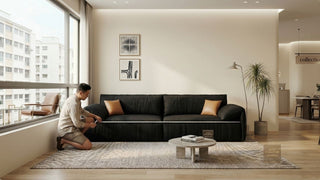 Homeowner measuring a black sofa in a Singapore BTO living room before furniture delivery