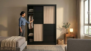 Woman opening a black and wood sliding wardrobe in a cosy HDB-style bedroom