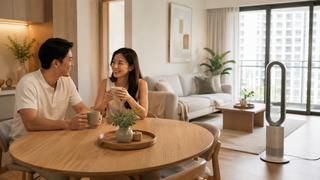 Bladeless fan in a modern Singapore bedroom with clean minimalist styling