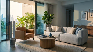 Bladeless fan in a modern Singapore living room beside a balcony with indoor plants and neutral furniture