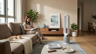 Bladeless fan in a warm Singapore living room with a woman reading and a cat resting on the sofa