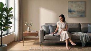 Woman reading on a grey sofa beside a wooden side table in a modern Singapore living room.