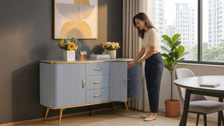 Woman using a blue buffet cabinet with drawers and closed storage in a warm dining room