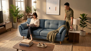 Couple relaxing around a blue comfy sofa in a Singapore living room with coffee table, TV console and warm light