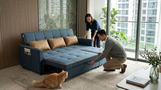 Couple setting up a blue sofa bed for guests in a bright Singapore condo living room with a cat