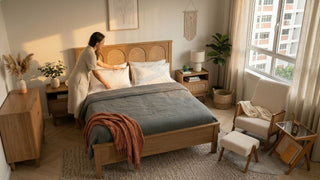 Woman styling a bohemian bedroom with rattan bed frame, layered bedding and natural textures