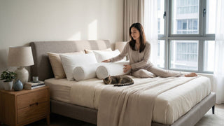 Woman arranging white bolster pillows on a bed in a bright Singapore bedroom with neutral bedding and a sleeping cat.