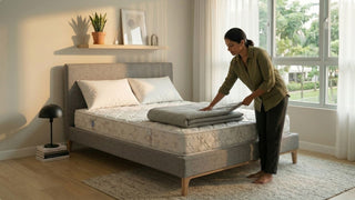 Woman arranging bedding on a Bonnell spring mattress in a bright Singapore bedroom