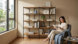 Woman reading beside open wood and metal bookcase shelves in a bright Singapore home study.