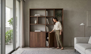 Woman opening a wooden bookshelf with doors in a modern Singapore living room.