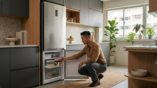 Man organising food in a bottom-freezer refrigerator in a modern Singapore HDB kitchen with natural light