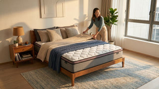 Woman arranging bedding on a boutique mattress in a warm Singapore bedroom with wooden bed frame and natural light