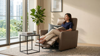 Brown leather recliner armchair with footrest in a cosy window-side reading nook.