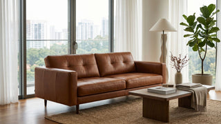 Brown leather sofa in a bright Singapore condo living room with large windows, wooden coffee table, indoor plant, and neutral decor.