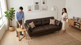 Couple styling a brown leather sofa in a bright Scandinavian living room with wood storage, wall art, and natural light
