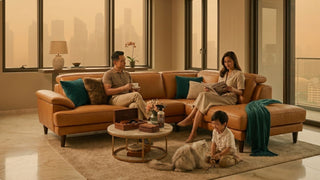 Family relaxing on a brown leather sofa in a Singapore condo living room with haze outside and sofa care items on the table