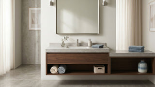 Modern BTO bathroom vanity with wood storage, stone countertop, wall mirror, folded towels, and soft neutral lighting.