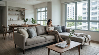 Woman sitting on a grey sectional sofa in a bright BTO living room with dining area, coffee table and HDB window view.