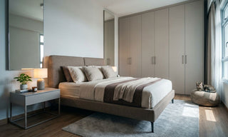 BTO master bedroom with queen bed, bedside table, wardrobe, rug and window for Singapore space planning