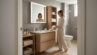Singapore homeowner organising towels in a BTO original toilet with wood vanity cabinet, mirror lighting, open storage and grey wall tiles
