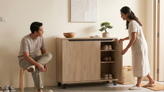Entryway with closed shoe rack cabinet and clean modern storage setup
