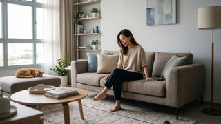 Woman measuring a fabric sofa in a bright BTO living room to check sofa size and walkway clearance.