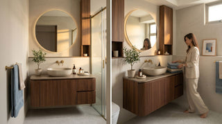 Modern BTO toilet design with wood vanity, round backlit mirror, glass shower screen, and warm neutral tiles.
