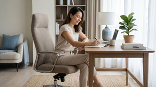 Woman sitting on a beige budget office chair at a wooden desk in a bright Singapore home office.