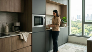 Woman preparing food beside a built-in microwave oven in a modern Singapore kitchen with wood cabinets and city view